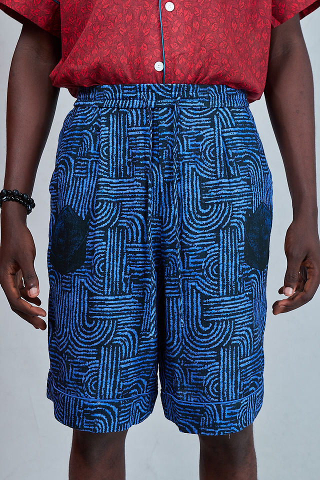 Ajeh Om Motif Shorts by OM - a blue cotton batik short