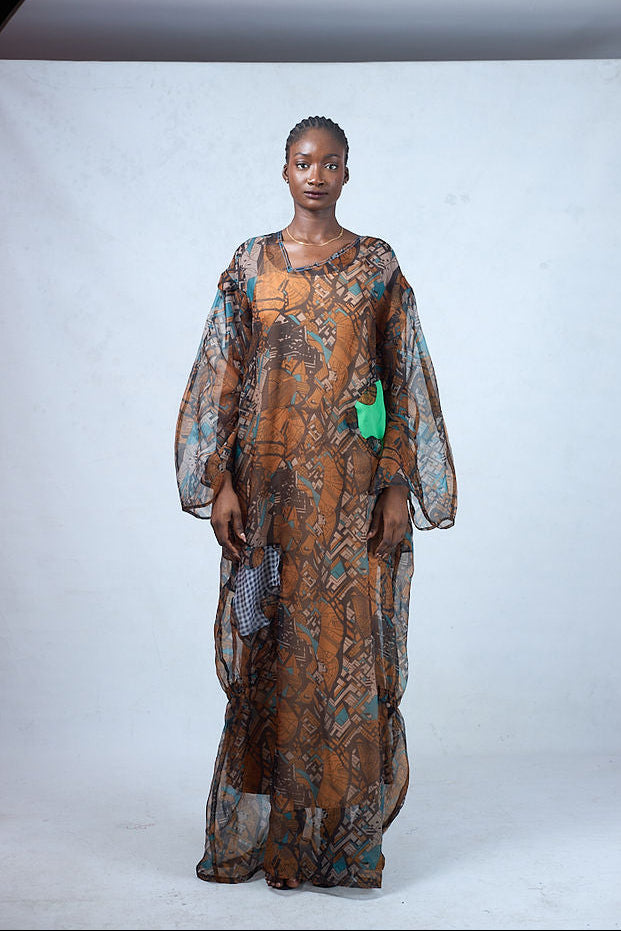 Odio Mimonet Fumbi Silk Print Organza Kaftan — luxurious African eveningwear by OM