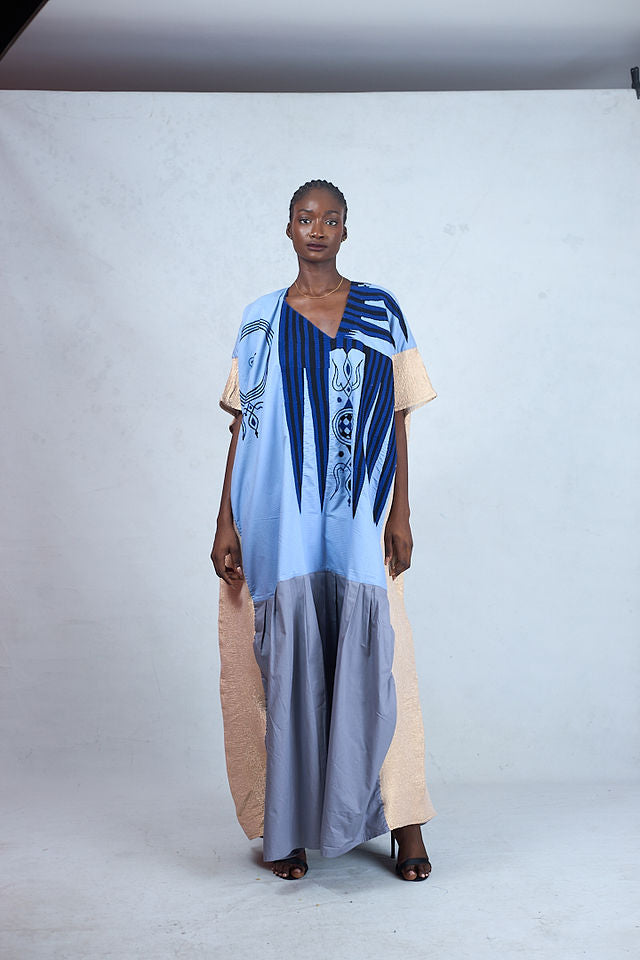 Odio Mimonet Kemebi Kaftan with Skirting and Gold Lamé Sides — luxury African fashion by OM