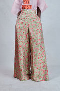 Odio Mimonet Kiki Flare Peach Green Jacquard Leaf Print Pants — luxury African fashion by OM