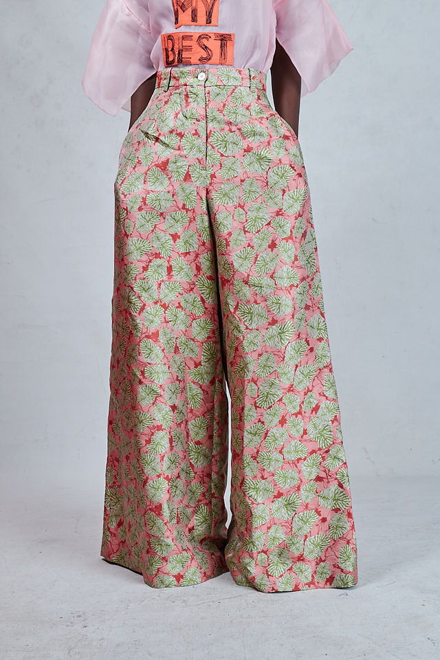Odio Mimonet Kiki Flare Peach Green Jacquard Leaf Print Pants — luxury African fashion by OM