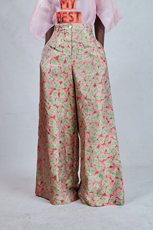 Odio Mimonet Kiki Flare Peach Green Jacquard Leaf Print Pants — luxury African fashion by OM