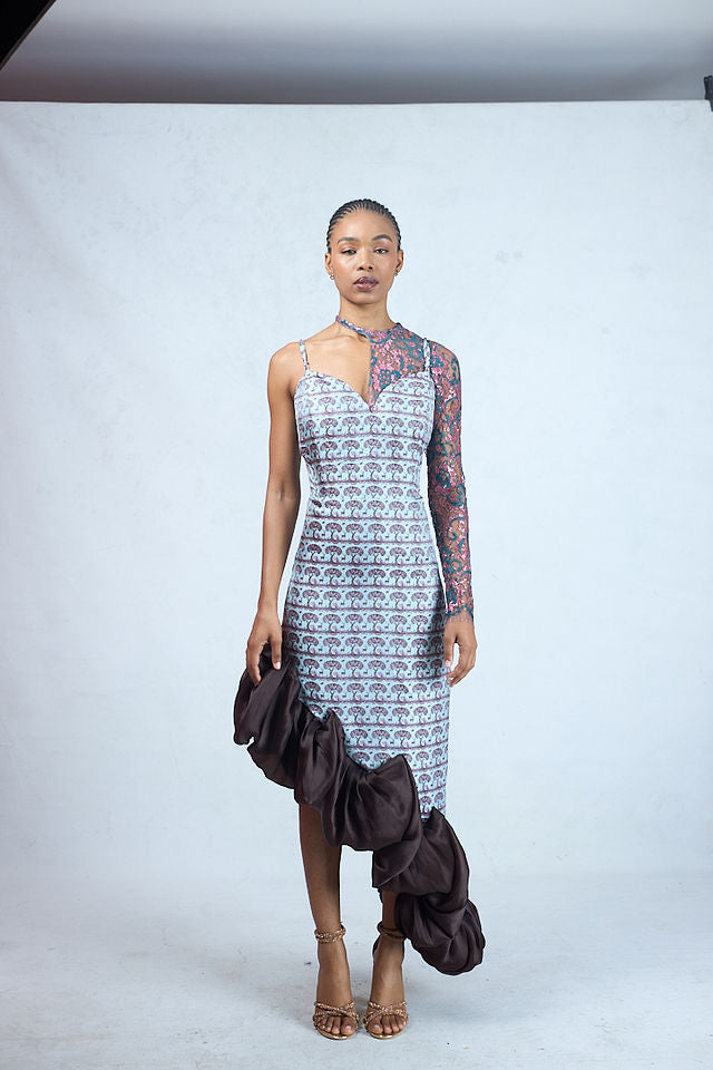 Odio Mimonet Jojo Dress in Jacquard Print Chantilly Lace and Silk Organza — luxury Akfrican fashion by OM