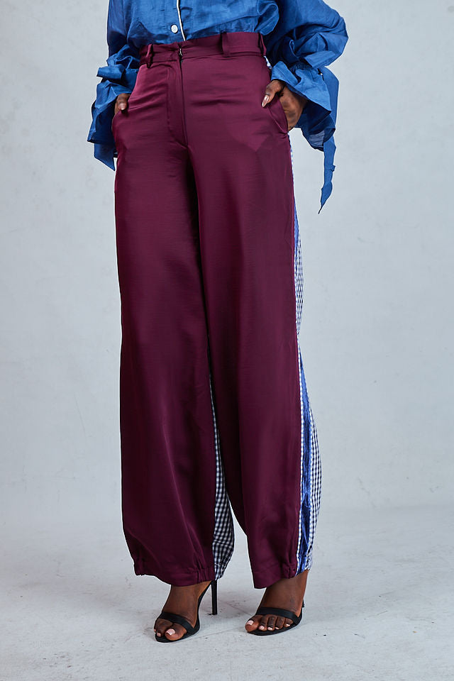 Odio Mimonet Billi Check Satin Pants in Silk Velvet and Checkered Cotton — luxury African fashion by OM