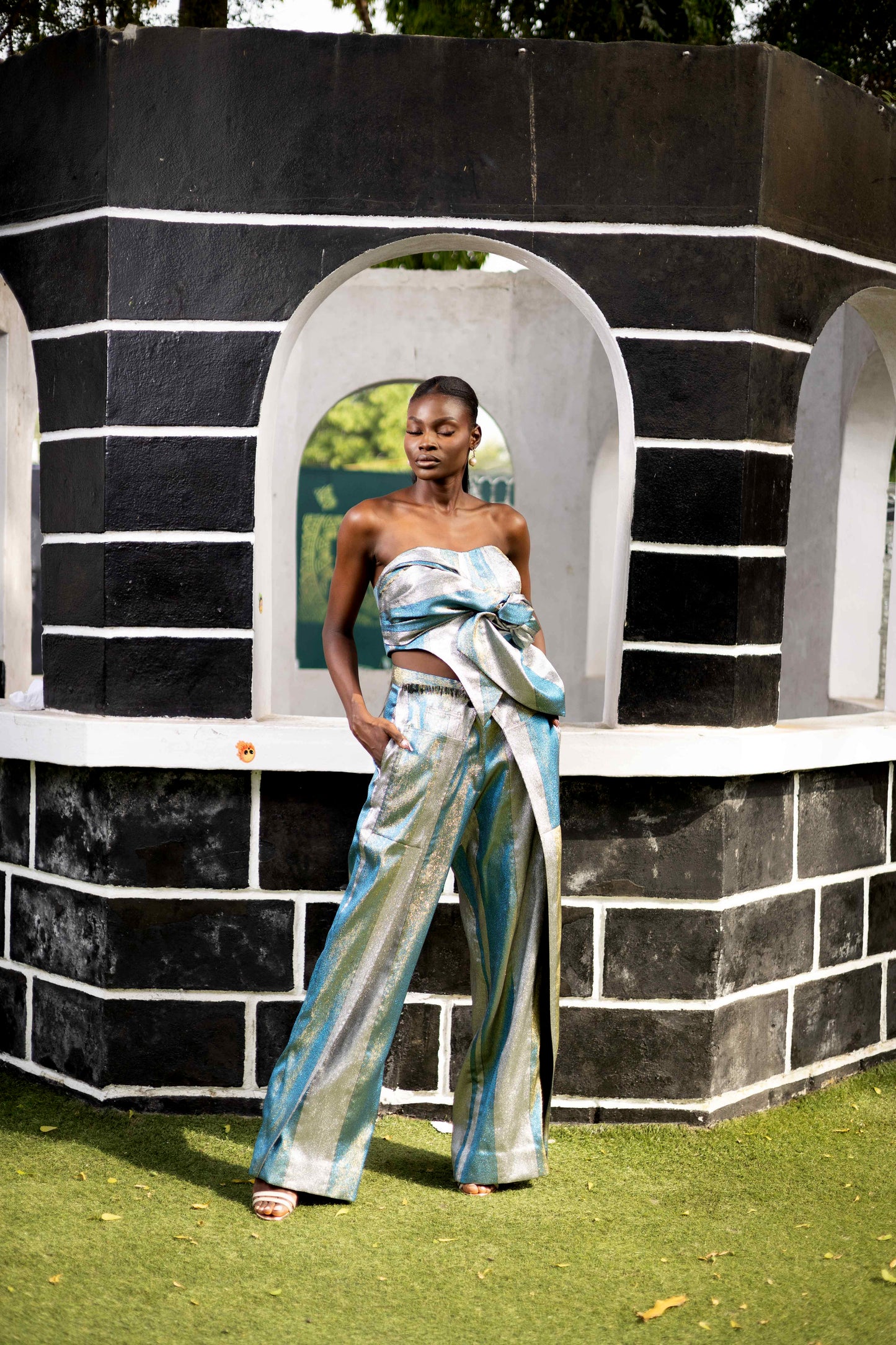 TEAL AND CHAMPAGNE GOLD STRIPED TROUSER WITH FLAPS