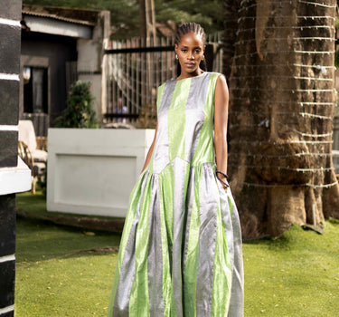 GREEN AND SILVER STRIPED MIDI DRESS WITHOUT BEADING