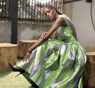 GREEN AND SILVER STRIPED MIDI DRESS WITHOUT BEADING