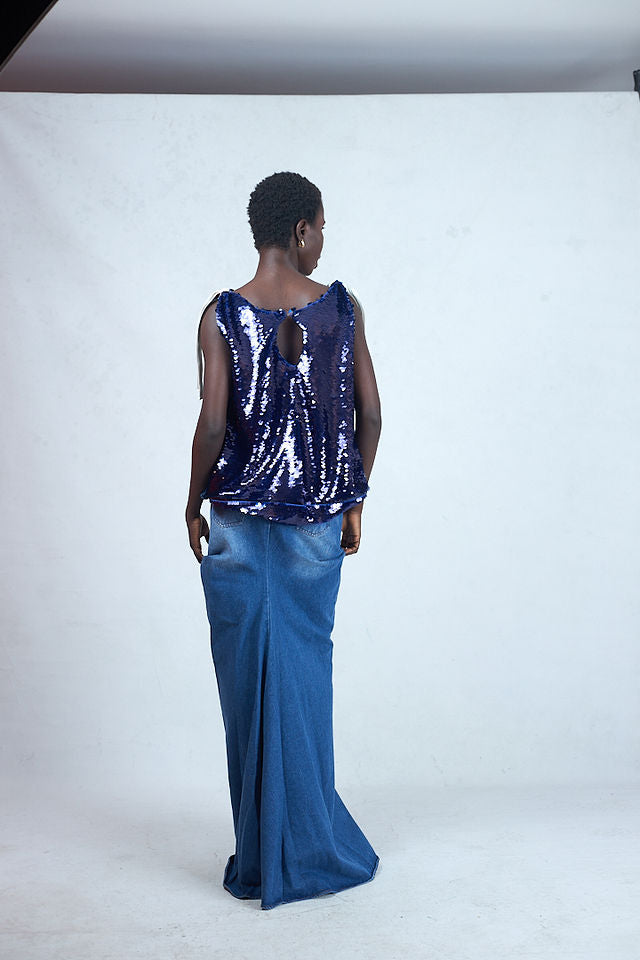 DENIM OM DRAPED SKIRT