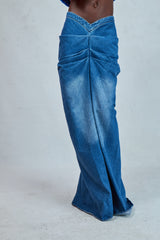 Odio Mimonet Denim Draped Skirt luxury draped denim midi skirt African designer ready-to-wear, front view