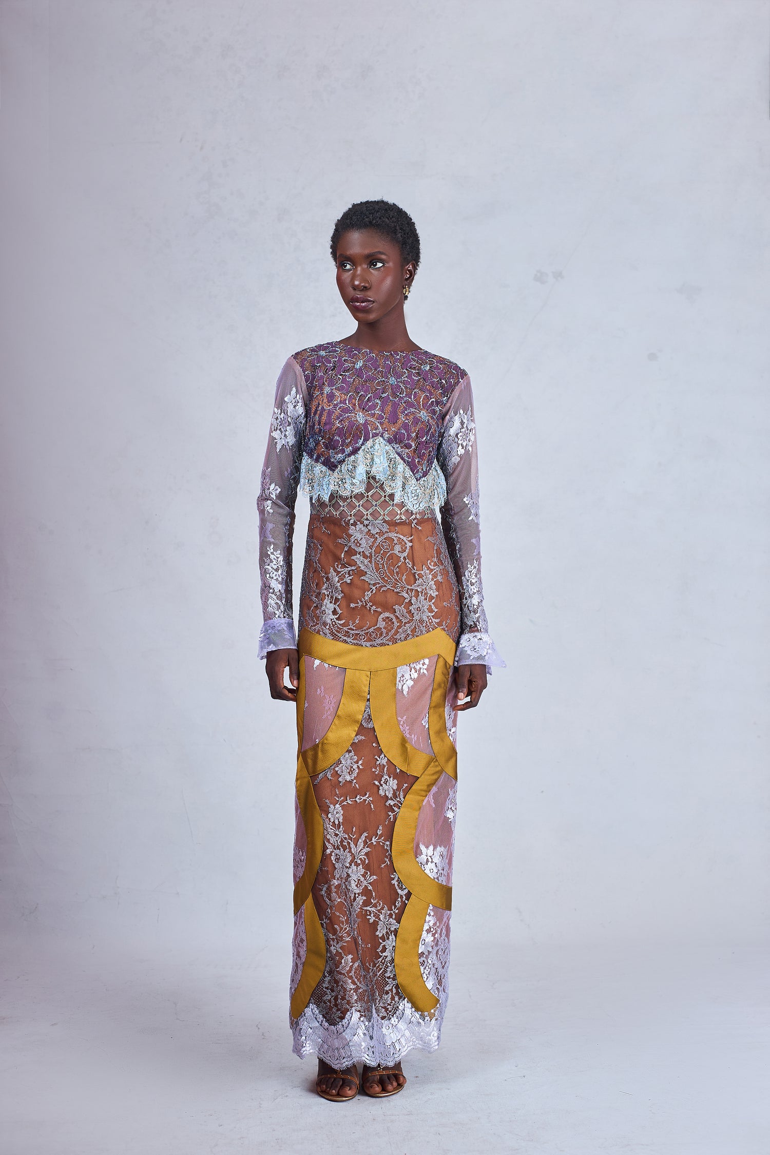 Odio Mimonet Tanyia Eudora Dress in Chantilly Lace and Yellow Gold Mikado — luxury African fashion by OM