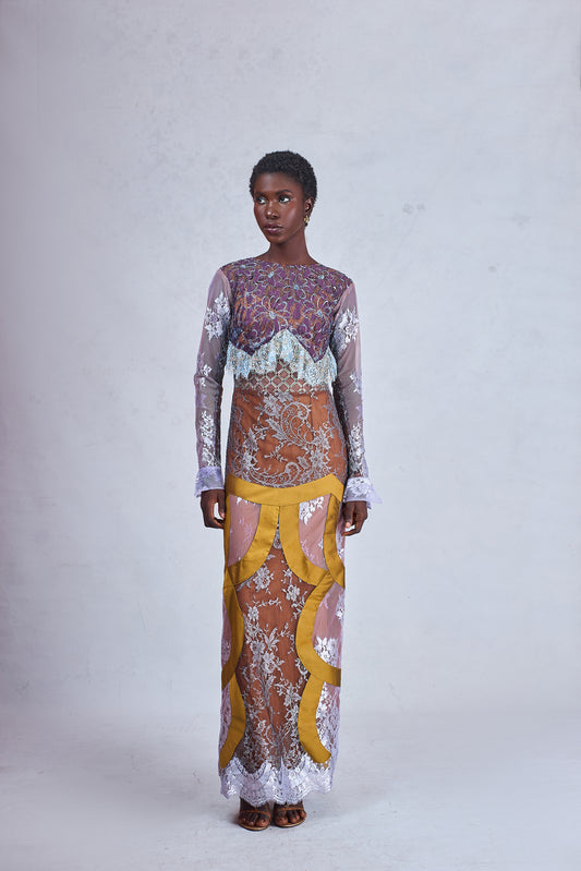 Odio Mimonet Tanyia Eudora Dress in Chantilly Lace and Yellow Gold Mikado — luxury African fashion by OM