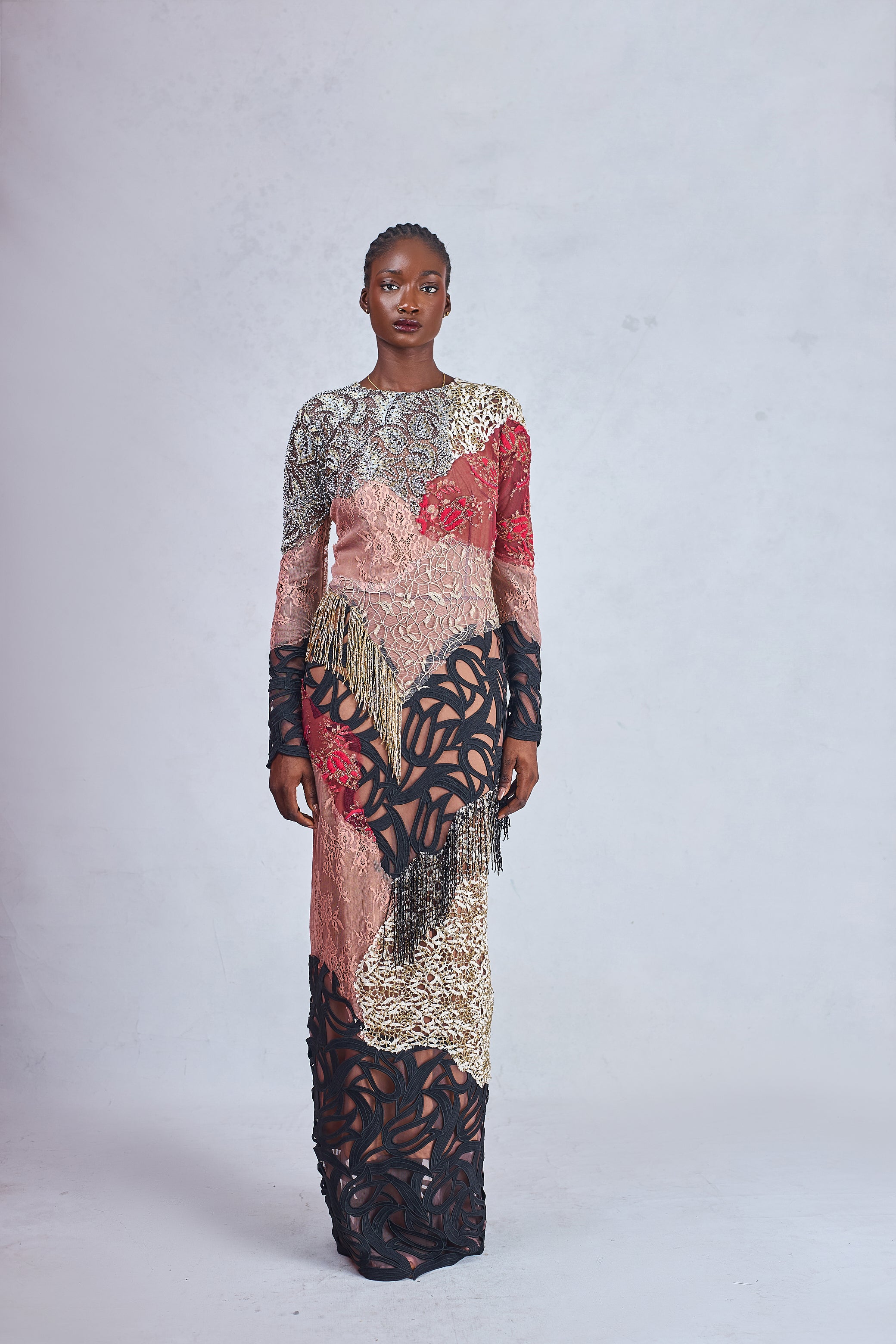 Odio Mimonet Tess Eudora Pink Chantilly Cord Lace Dress with Beaded Fringe — luxury African fashion by OM