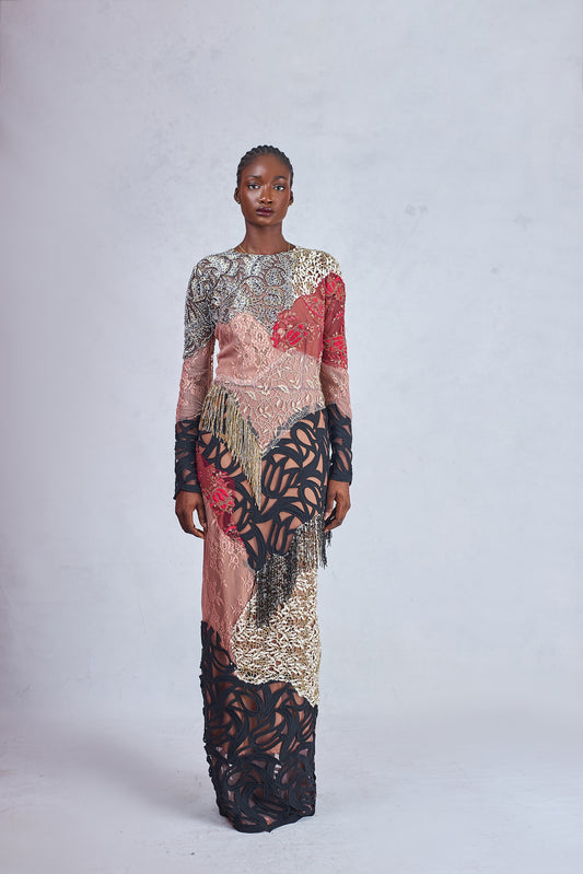 Odio Mimonet Tess Eudora Pink Chantilly Cord Lace Dress with Beaded Fringe — luxury African fashion by OM