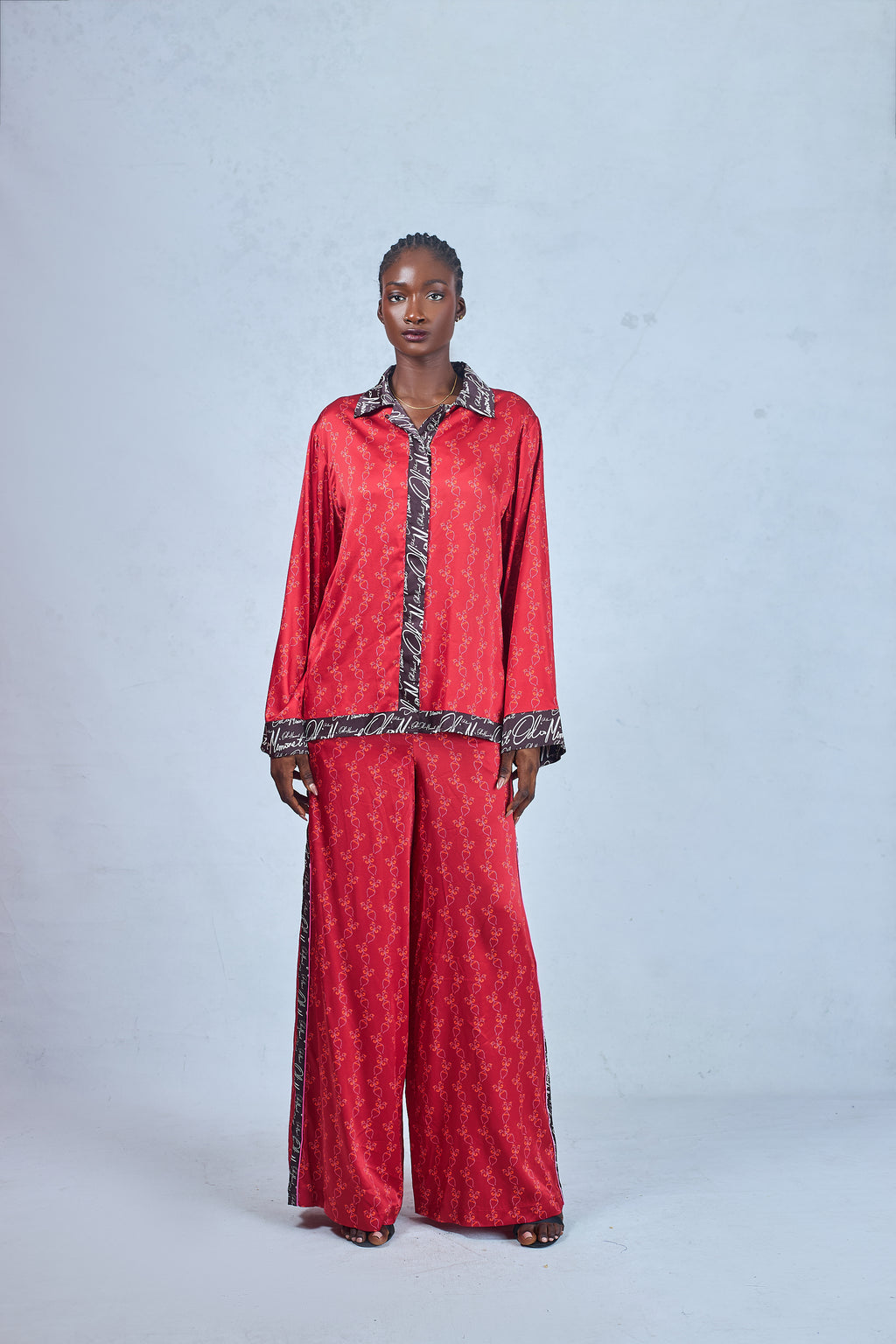 Odio Mimonet Red Omalisha Silk Long Sleeve Shirt and Pants Co-ord — luxury African fashion by OM