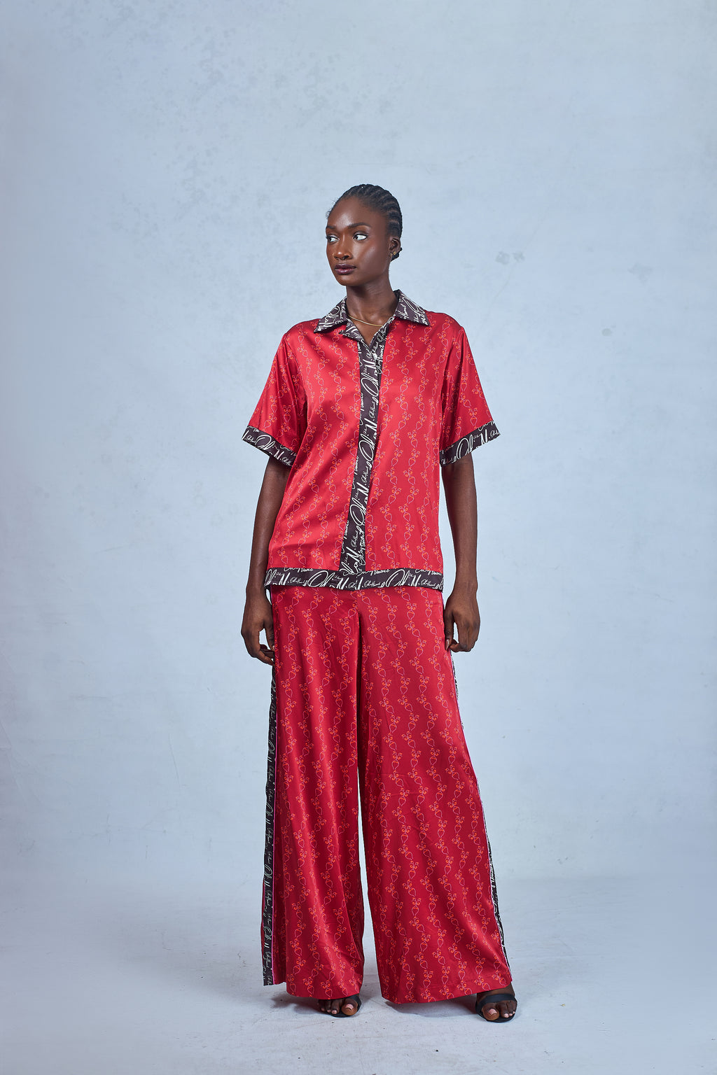 Odio Mimonet Red Omalisha Silk Short Sleeve Shirt and Pants Set — luxury African fashion by OM
 