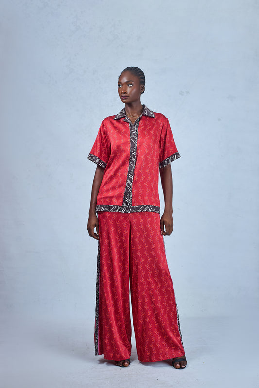 Odio Mimonet Red Omalisha Silk Short Sleeve Shirt and Pants Set — luxury African fashion by OM
 