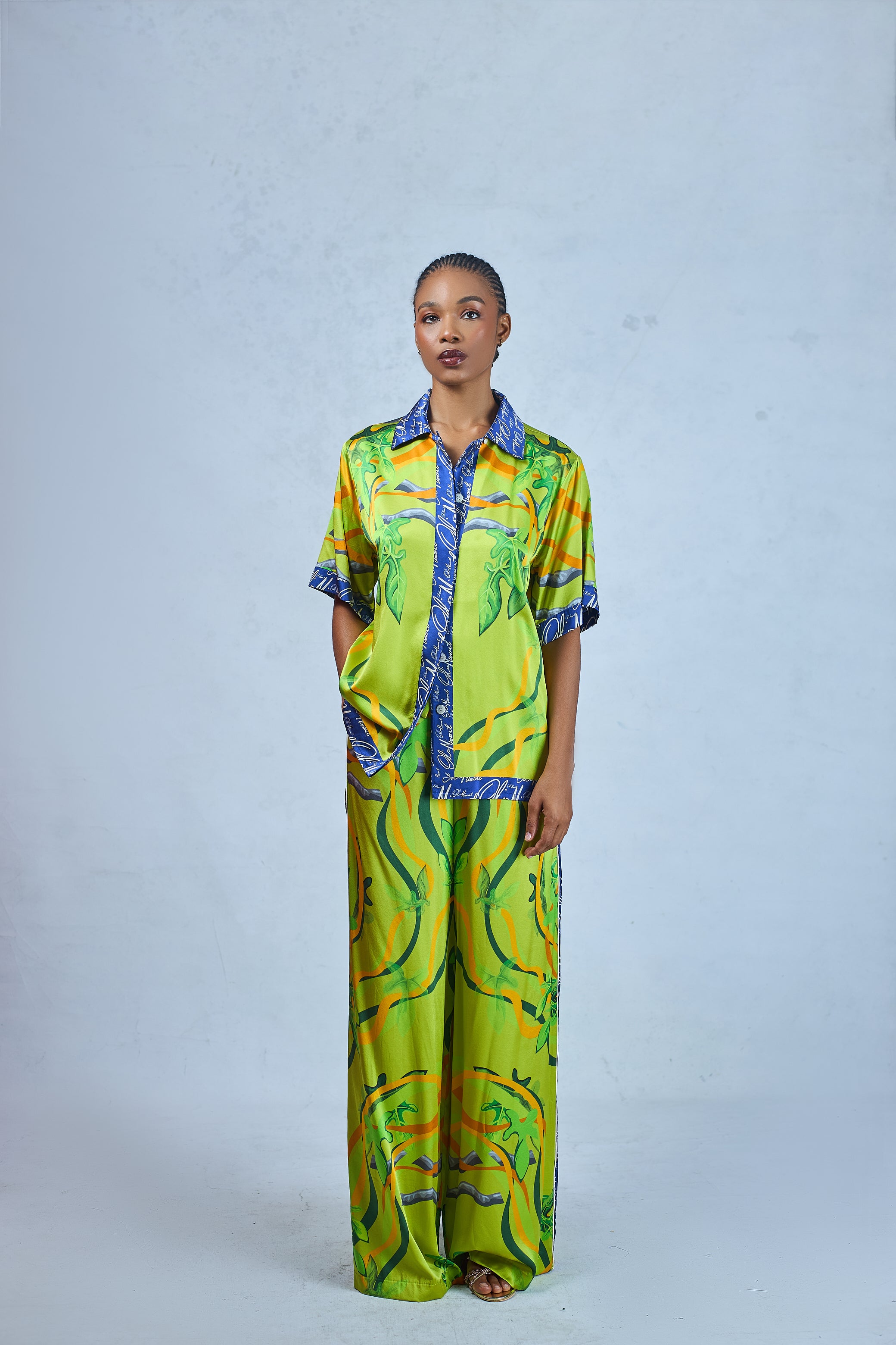 Odio Mimonet Green Omalisha Silk Short Sleeve Shirt and Pants Co-ord — luxury African fashion by OM
 