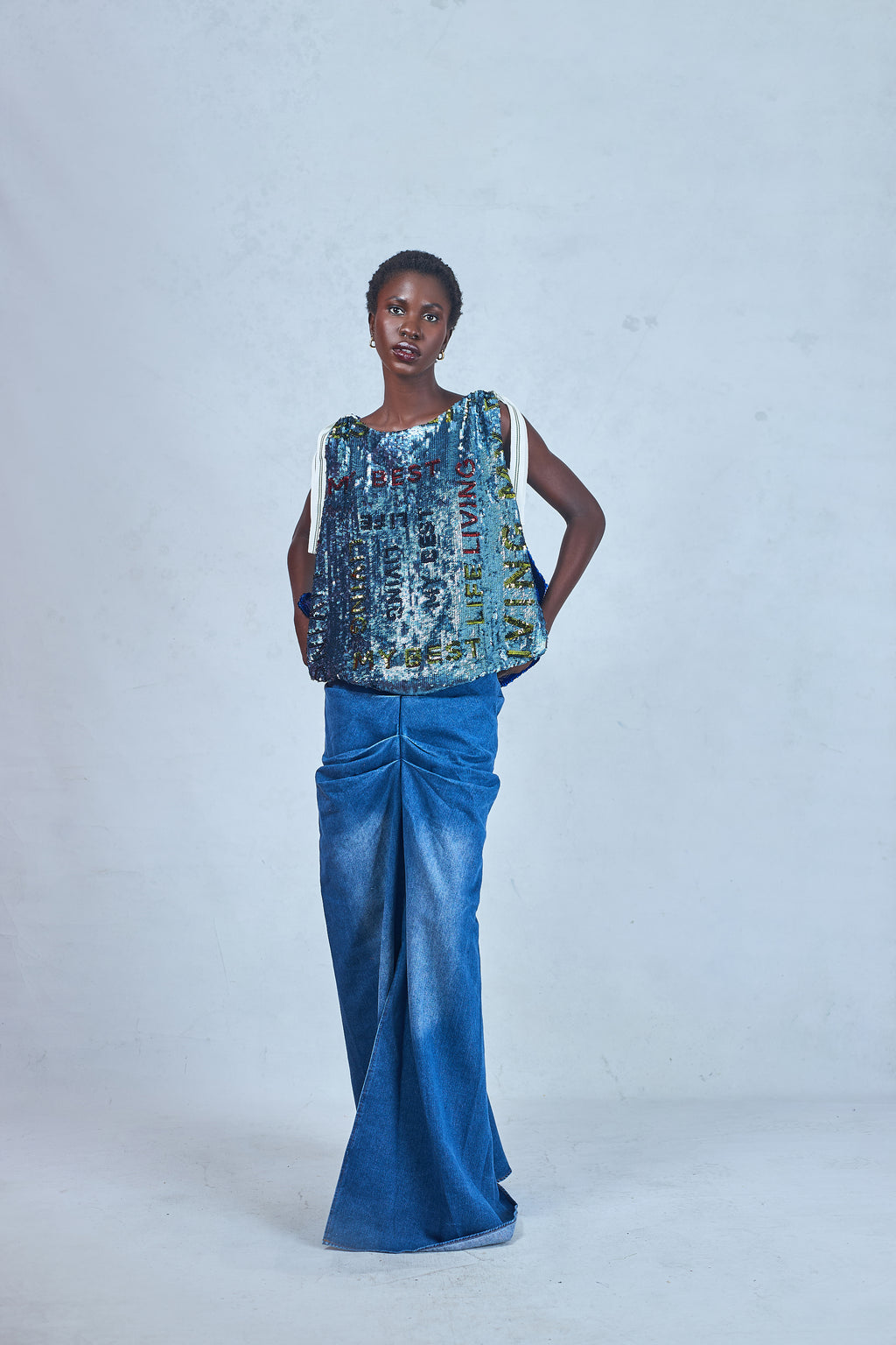 DENIM OM DRAPED SKIRT