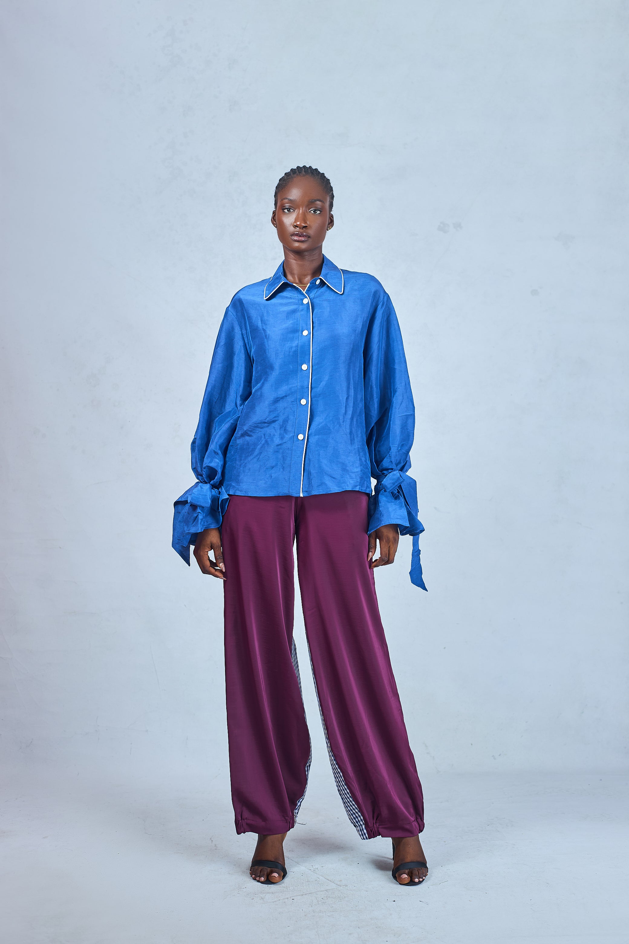 Odio Mimonet Felis blue linen shirt luxury African designer ready-to-wear, front view