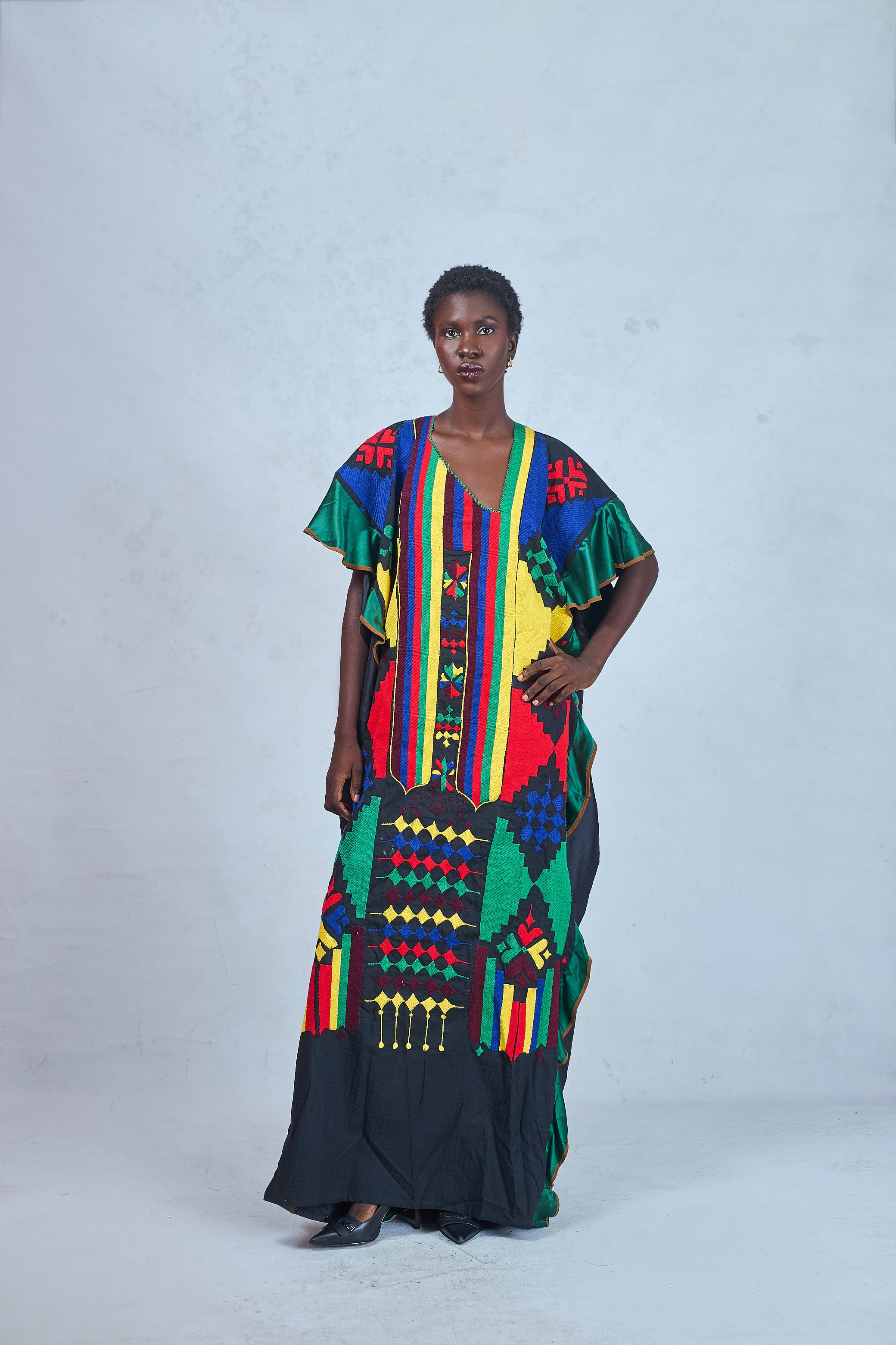 Odio Mimonet Black Adi Kaftan with multicolour hand embroidery — luxury African kaftan by OM