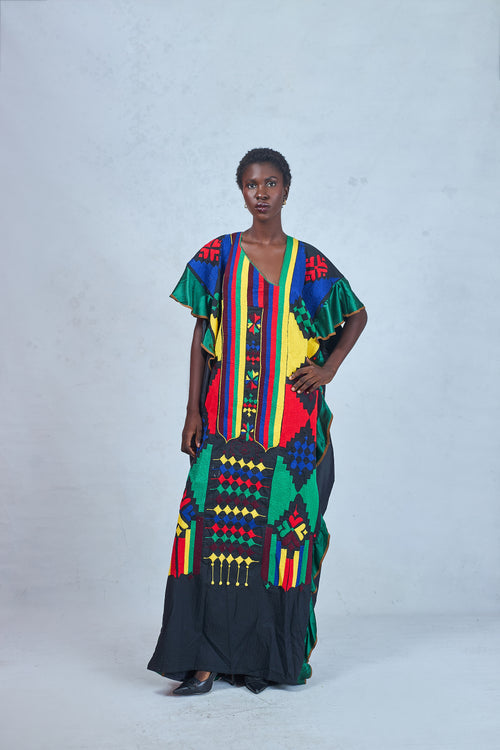 Odio Mimonet Black Adi Kaftan with multicolour hand embroidery — luxury African kaftan by OM